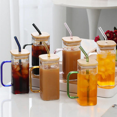 Morden Luxury Square Shape Children Glass Drinking Juice Milk Cup with Colored Handle Bamboo Lid Glass Straw