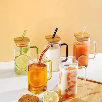 Morden Luxury Square Shape Children Glass Drinking Juice Milk Cup with Colored Handle Bamboo Lid Glass Straw