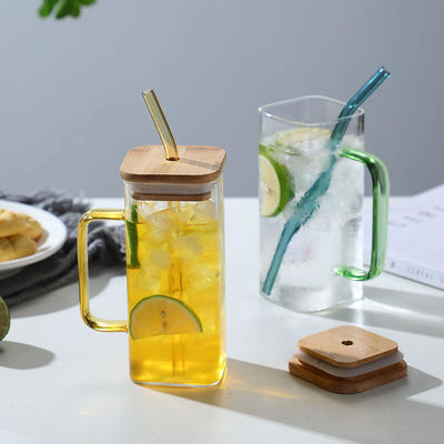 Morden Luxury Square Shape Children Glass Drinking Juice Milk Cup with Colored Handle Bamboo Lid Glass Straw