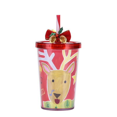 Double-layer BAP FREE Plastic Christmas Design Straw Drinking Water Cup with Bell 115g