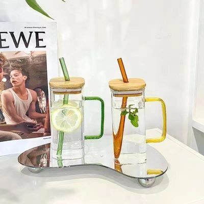 Morden Luxury Square Shape Children Glass Drinking Juice Milk Cup with Colored Handle Bamboo Lid Glass Straw