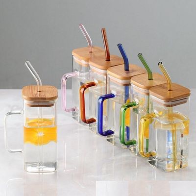 400Ml Square Colored Handle Glass Cup With Bamboo Lid And Straw Stocked Home Drinking