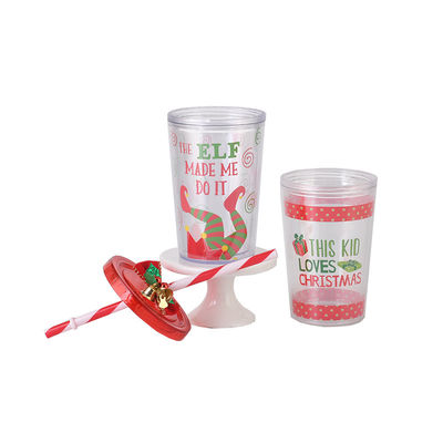 10oz Double-layer Plastic BAP FREE Christmas Design Straw Drinking Water Cup with Bell 8.7x12.3cm