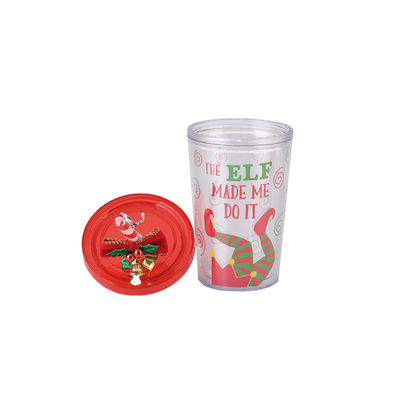 10oz Double-layer Plastic BAP FREE Christmas Design Straw Drinking Water Cup with Bell 8.7x12.3cm