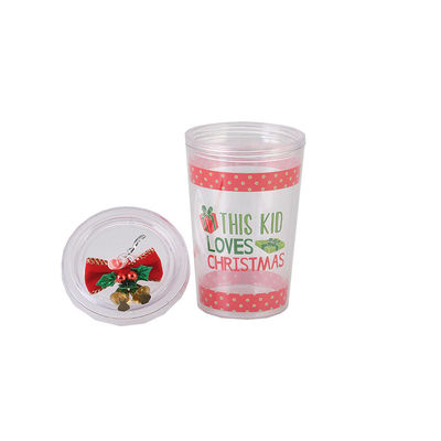 10oz Double-layer Plastic BAP FREE Christmas Design Straw Drinking Water Cup with Bell 8.7x12.3cm