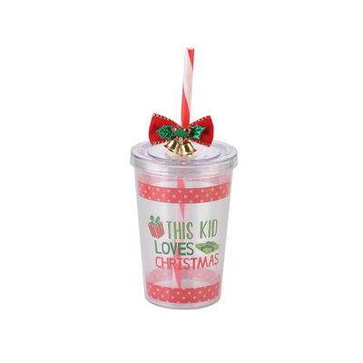 10oz Double-layer Plastic BAP FREE Christmas Design Straw Drinking Water Cup with Bell 8.7x12.3cm