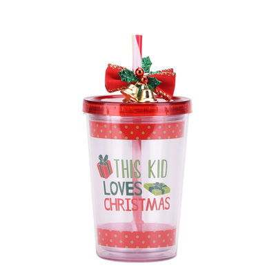 Christmas Design Double-layer Plastic BAP FREE Straw Drinking Water Cup with Bell