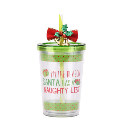 Christmas Design Double-layer Plastic BAP FREE Straw Drinking Water Cup with Bell