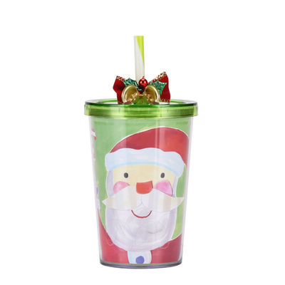 Christmas Design Double-layer Plastic BAP FREE Straw Drinking Water Cup with Bell