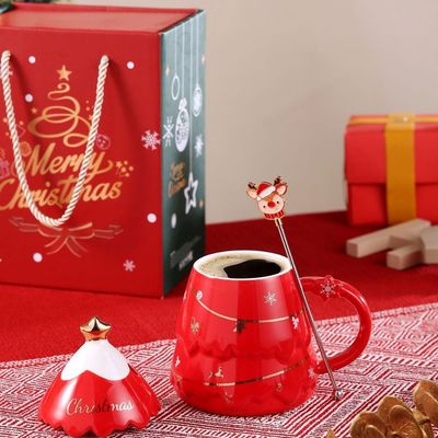 Ceramic Christmas Gift Mug Set With Lid And Spoon 400ml 500ml For Office Afternoon Tea Cup