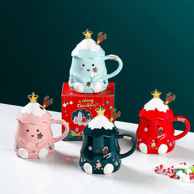 Ceramic Christmas Gift Mug Set With Lid And Spoon 400ml 500ml For Office Afternoon Tea Cup
