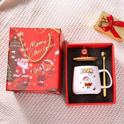 Christmas Gift Reusable 400ml Porcelain Coffee Cup with Spoon and Santa Decoration