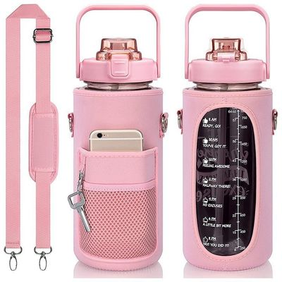 Travel-Friendly 2L Water Bottle With Storage Sleeve and Time Marker Motivational Design