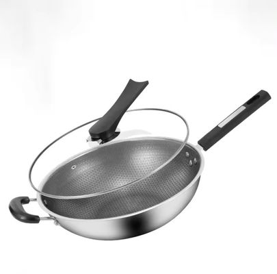 32cm 34cm Non-stick Wok Pot With Glass Lid Made of Antibacterial 304 Stainless Steel