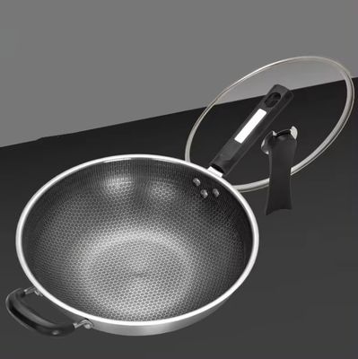 32cm 34cm Non-stick Wok Pot With Glass Lid Made of Antibacterial 304 Stainless Steel
