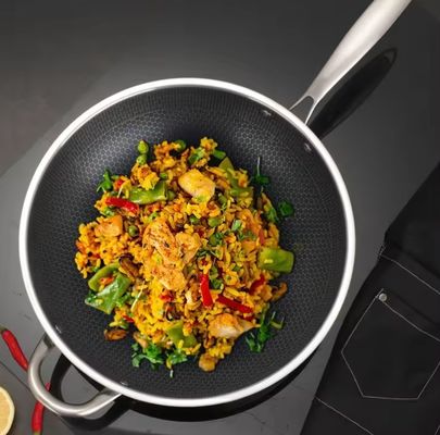 32cm 34cm Non-stick Wok Pot With Glass Lid Made of Antibacterial 304 Stainless Steel