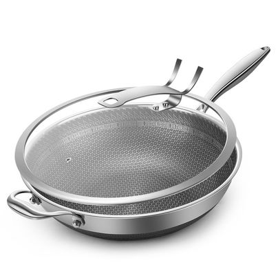 Stainless Steel Custom Honeycomb Frying Wok with Non-Stick Coating and Transparent Lid
