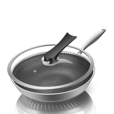Stainless Steel Custom Honeycomb Frying Wok with Non-Stick Coating and Transparent Lid