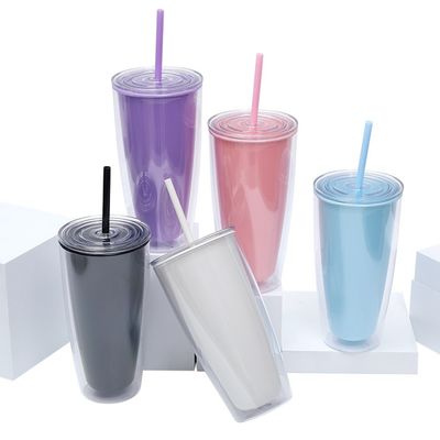 24 oz Double-walled Reusable Plastic Cups With Lids And Straws Drinkware With Straw