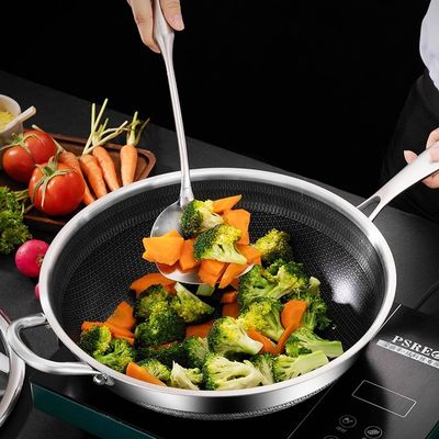 Triple-layer Uncoated Non-stick Wok Double-sided Honeycomb Stainless Steel Frying Pan