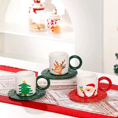 Embossed Ceramic Tea Cup Christmas Style with Custom Logo Santa Claus and Tree Pattern