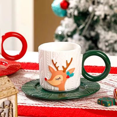 Embossed Ceramic Tea Cup Christmas Style with Custom Logo Santa Claus and Tree Pattern