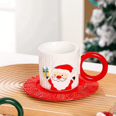 Embossed Ceramic Tea Cup Christmas Style with Custom Logo Santa Claus and Tree Pattern