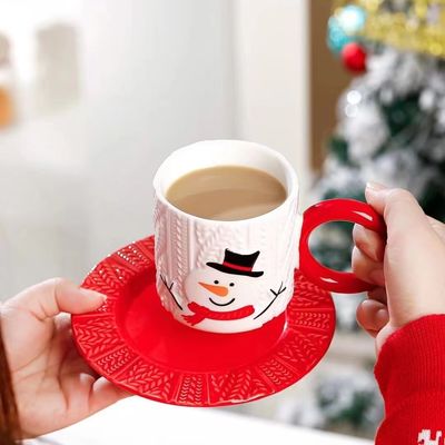 Embossed Ceramic Tea Cup Christmas Style with Custom Logo Santa Claus and Tree Pattern