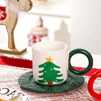 Embossed Ceramic Tea Cup Christmas Style with Custom Logo Santa Claus and Tree Pattern