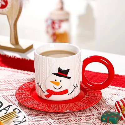 Embossed Ceramic Tea Cup Christmas Style with Custom Logo Santa Claus and Tree Pattern