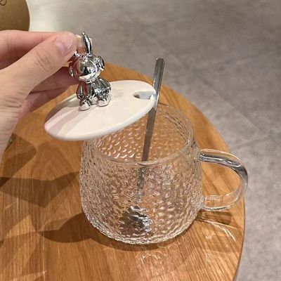 Breakfast Cup with Handle Cover and Lid Transparent Glass Coffee Cup 12.5*13*8cm