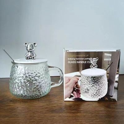 Breakfast Cup with Handle Cover and Lid Transparent Glass Coffee Cup 12.5*13*8cm