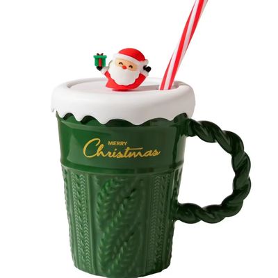 400ml Capacity Christmas Tree Ceramic Cup with Lid and Straw Sustainable Material