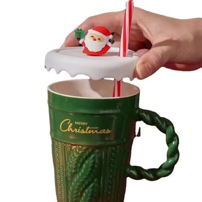 400ml Capacity Christmas Tree Ceramic Cup with Lid and Straw Sustainable Material
