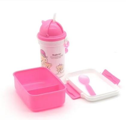 Convenient 500ml Straw Kettle Plastic Lunch Box Set for Students and Children