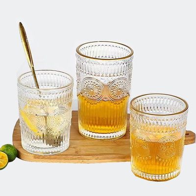 Custom Pattern 300ml 380ml Retro Embossed Glass Mug with Gold Border and Sunflower Design