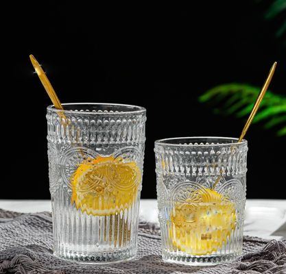 Custom Pattern 300ml 380ml Retro Embossed Glass Mug with Gold Border and Sunflower Design