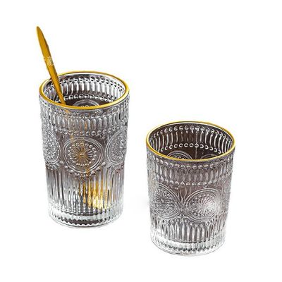 Custom Pattern 300ml 380ml Retro Embossed Glass Mug with Gold Border and Sunflower Design