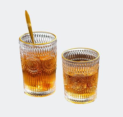 Custom Pattern 300ml 380ml Retro Embossed Glass Mug with Gold Border and Sunflower Design
