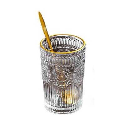 Custom Pattern 300ml 380ml Retro Embossed Glass Mug with Gold Border and Sunflower Design
