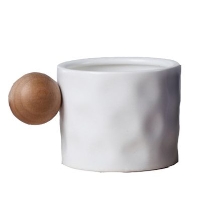 330ml Blue And White Ceramic Coffee Mug With Wooden Spherical Handle For Business Gifting