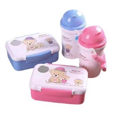 Customized Logo Acceptable Children Cartoon Lunch Box Set with 500ml Straw Kettle