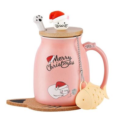 Leak-proof Portable Ceramic Coffee Cup with 3D Kitten Design and Stainless Steel Spoon
