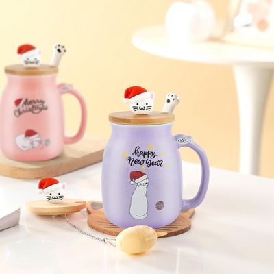 Leak-proof Portable Ceramic Coffee Cup with 3D Kitten Design and Stainless Steel Spoon
