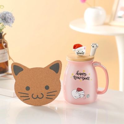 Customized Logo Acceptable 380ml Ceramic Coffee Cup with Cute Kitten Design and Spoon