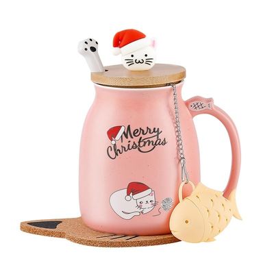 Customized Logo Acceptable 380ml Ceramic Coffee Cup with Cute Kitten Design and Spoon