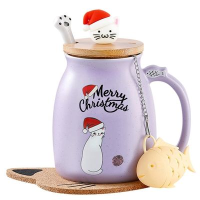 Customized Logo Acceptable 380ml Ceramic Coffee Cup with Cute Kitten Design and Spoon