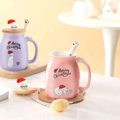 Cute Style 380ml Portable Ceramic Coffee Cup with 3D Little Cat Design and Bamboo Lid