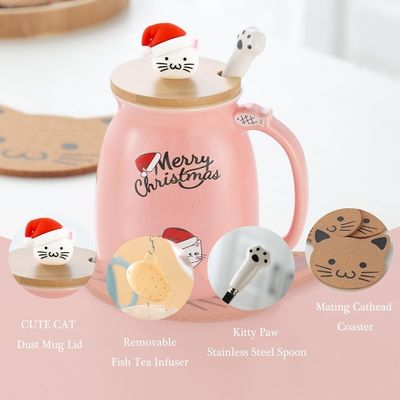 Cute Style 380ml Portable Ceramic Coffee Cup with 3D Little Cat Design and Bamboo Lid