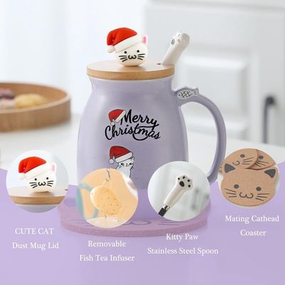 Cute Style 380ml Portable Ceramic Coffee Cup with 3D Little Cat Design and Bamboo Lid